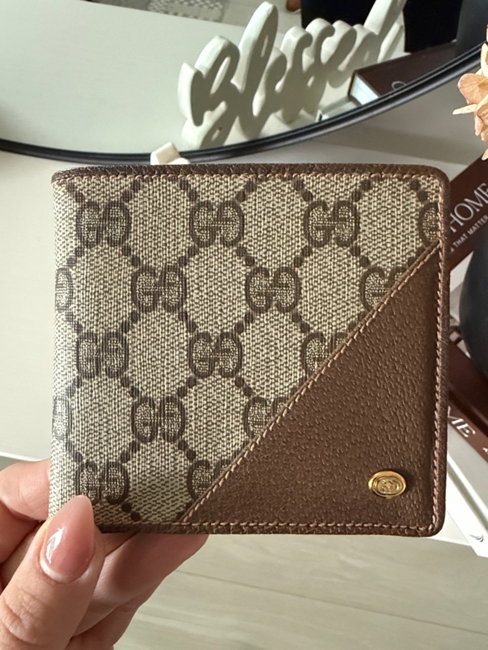 Gucci Beige & Brown Monogram Card Holder with Gold Accent wallet